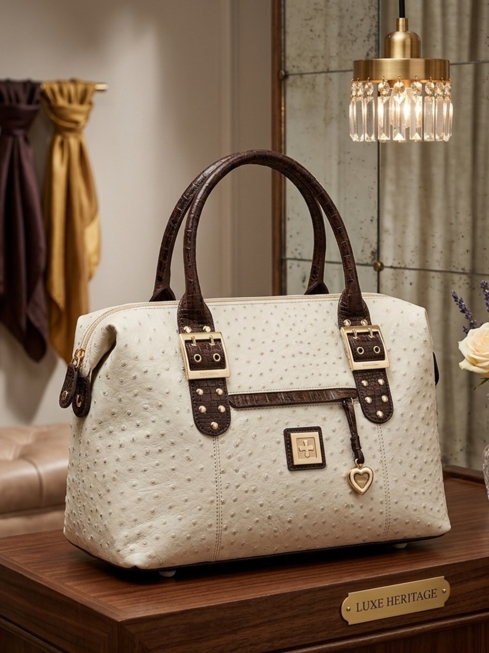 Sharif Cream and Brown Satchel with Heart Charm - Picture 7 of 8